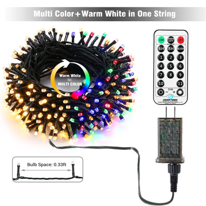 Brizled Christmas Lights Outdoor, 500 LED Color Changing Christmas String Lights with Remote, 180.4ft 11 Modes Christmas Tree Lights Warm White & Multicolor Green Wire Xmas Lights for Xmas Party Home