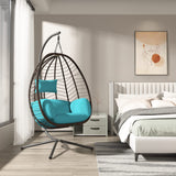 ALAULM Egg Swing Chair Outdoor Indoor Wicker Rattan Hanging Chair with Stand 350lbs Capacity w/Strong Frame & Blue Cushions for Patio Balcony Bedroom ALAULM
