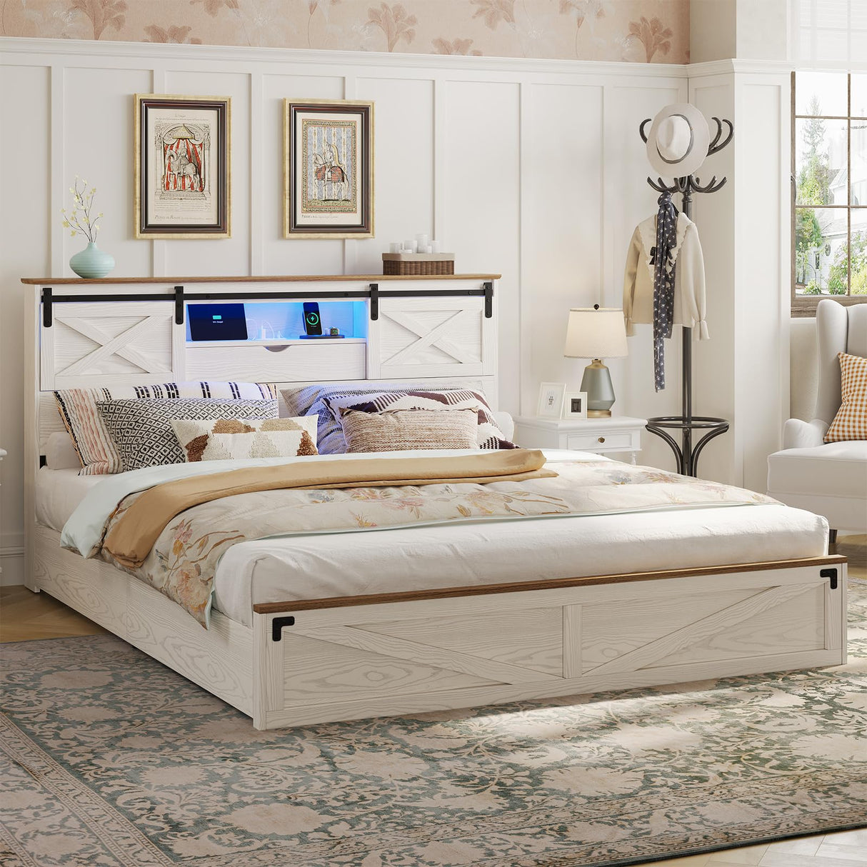 Hasuit Farmhouse Bed Frame California King Size with Storage Bookcase Headboard, Wooden Cal King Bed with LED Lights, Charging Station, 2 Drawers, Country Rustic Bed Frame with Sliding Barn Door Hasuit