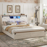 Hasuit Farmhouse Bed Frame California King Size with Storage Bookcase Headboard, Wooden Cal King Bed with LED Lights, Charging Station, 2 Drawers, Country Rustic Bed Frame with Sliding Barn Door Hasuit