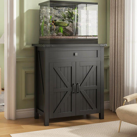 Saudism 20 Gallon Aquarium Stand With Charging Station, Farmhouse Fish Tank Stand, Reptile Tank Stand Terrarium Stand with Drawer and Cabinet Storage, Sturdy Heavy Duty 27.6"×15.7" Tabletop - Black Saudism