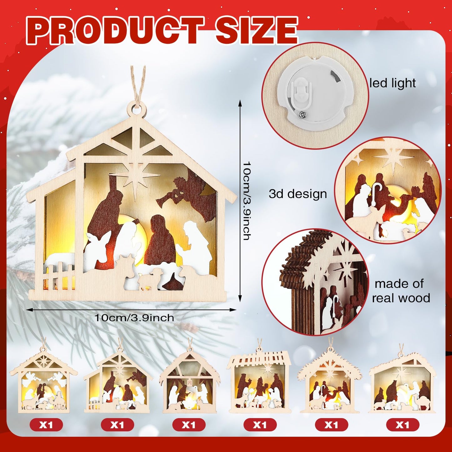 Anglechic 6 Pcs LED Nativity Scene Wooden Ornament 3D Christmas Religious Ornaments Rustic Light up Nativity Hanging Ornaments for Birth of Jesus Xmas Tree Christian Gift Holiday Party Decor(House)