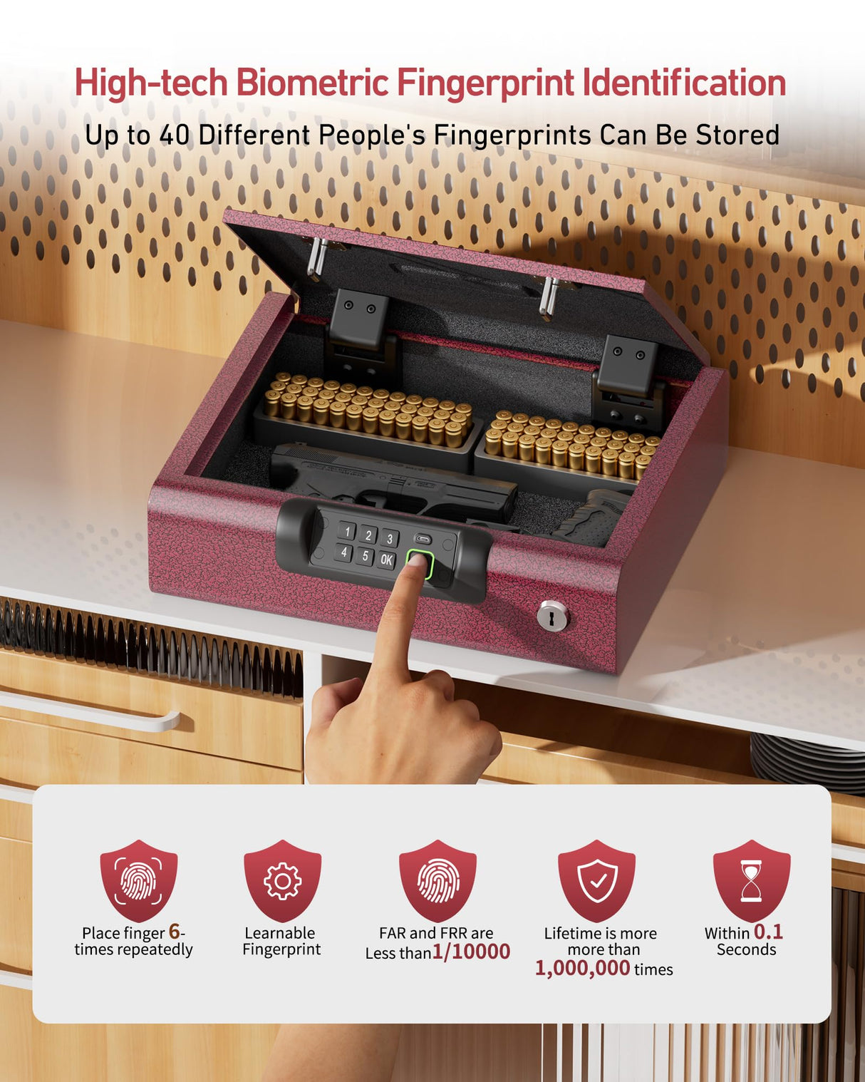 Gun Safe,Biometric Gun Safe for Pistols 3-Ways unlock Fingerprint Digital PIN Key Unlock with Sound, Lock box for Cloakroom living room Bedroom Nightstand and Car BILLCONCH - Burgundy Red BILLCONCH