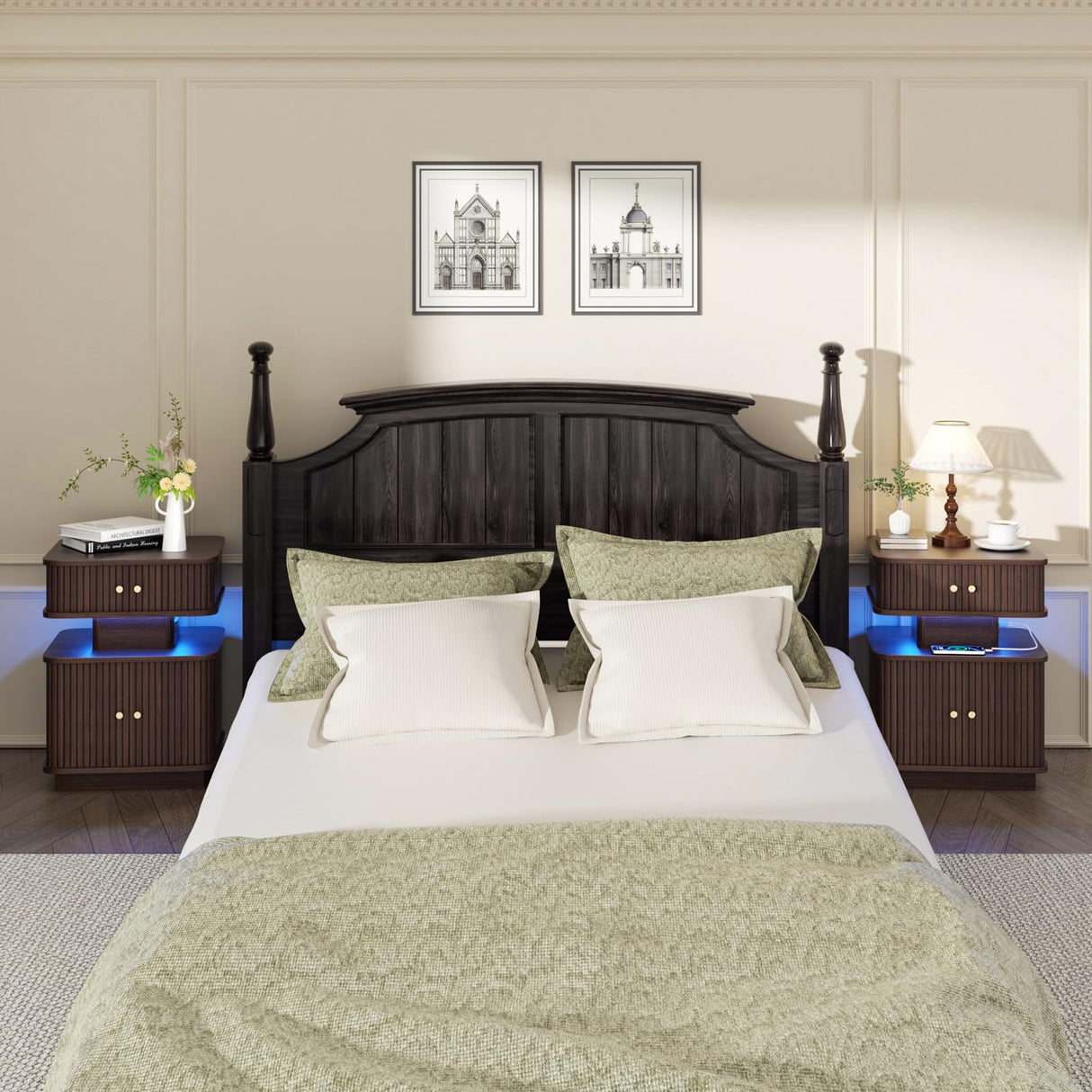 Night Stand, LED Nightstand, Modern Nightstand with Charging Station, Night Stand with 2 Drawers and Sliding Door, Curvy Edge, Small Bedside Table for Bedroom, Walnut AKMAKM