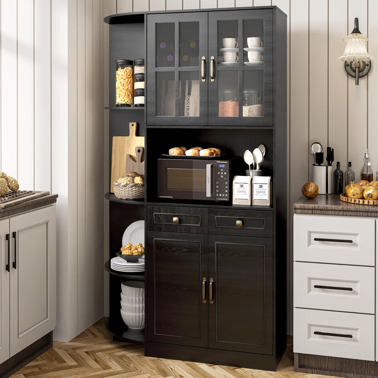 Fatmok Kitchen Pantry Cabinet with Charging Station, 71" Tall Modern Farmhouse Wood Kitchen Cabinet with a Large Drawer & Shelves, Freestanding Kitchen Hutch Cabinet with Microwave Stand, Cupboard Fatmok