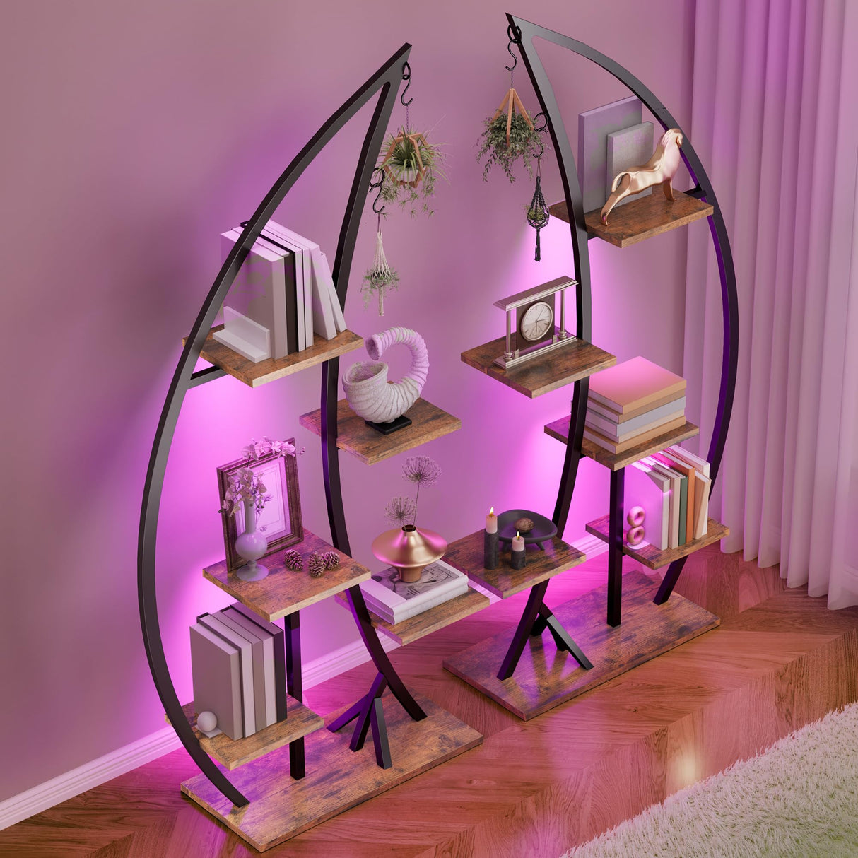 YITAHOME Tall Bookshelf with LED Light, Artistically Designed Crescent-Shaped Bookshelf with 10-Tier Shelves, Corner Bookcase Open Display Rack for Home Office, Bedroom YITAHOME