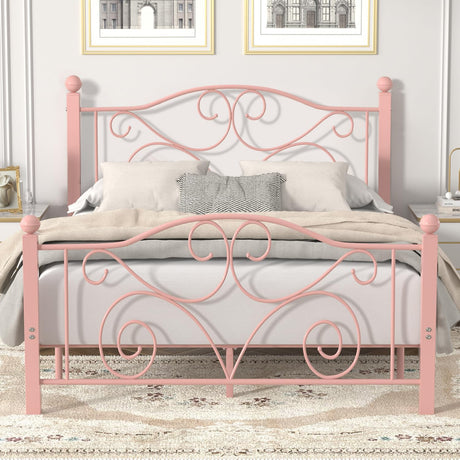 VECELO Queen Size Bed Frame with Headboard and Footboard, Heavy Duty Metal Slat Support, Platform Mattress Foundation, No Box Spring Needed, Easy Assembly, Light Pink VECELO