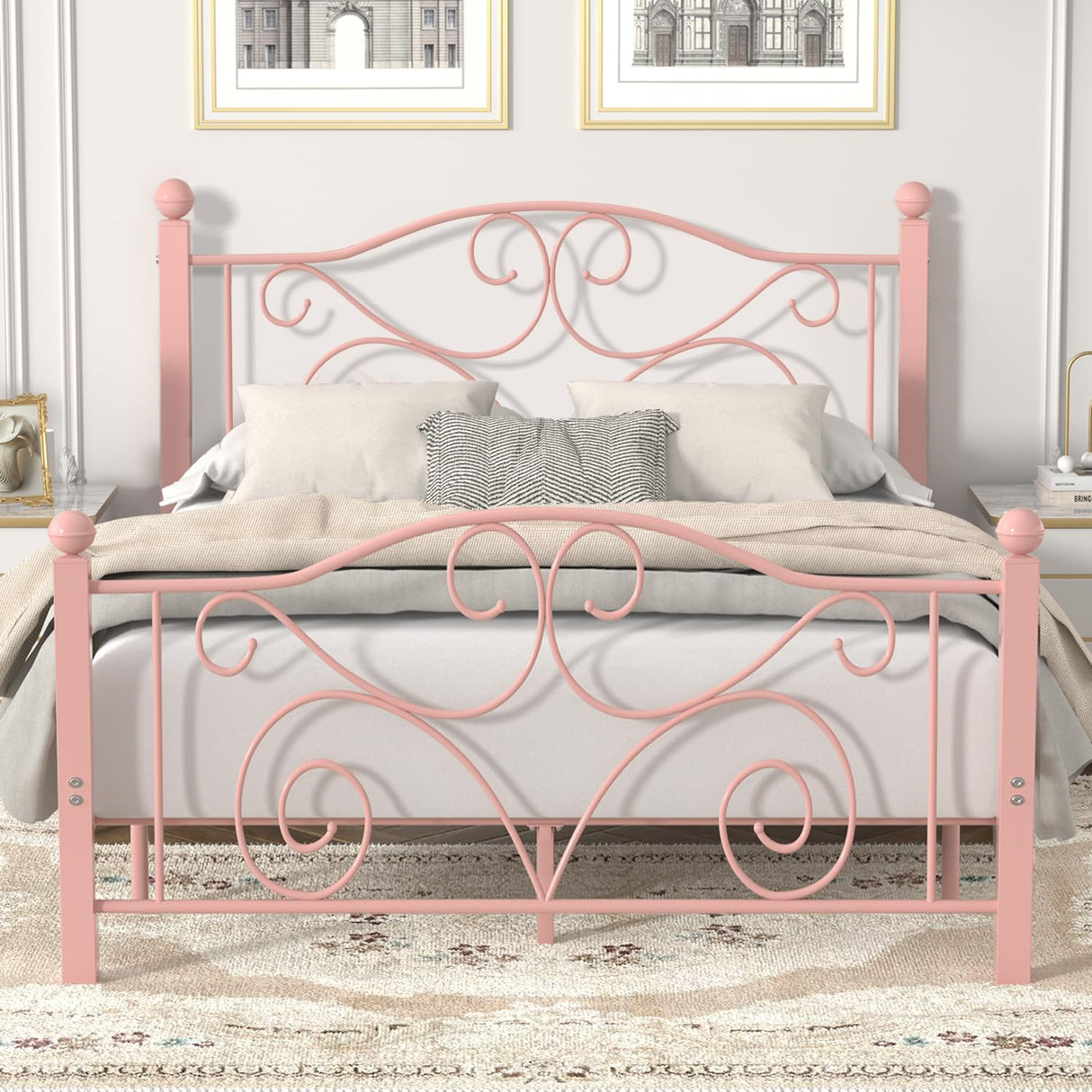 VECELO Full Size Bed Frame with Headboard and Footboard, Heavy Duty Metal Slat Support, Platform Mattress Foundation, No Box Spring Needed, Easy Assembly, Light Pink VECELO