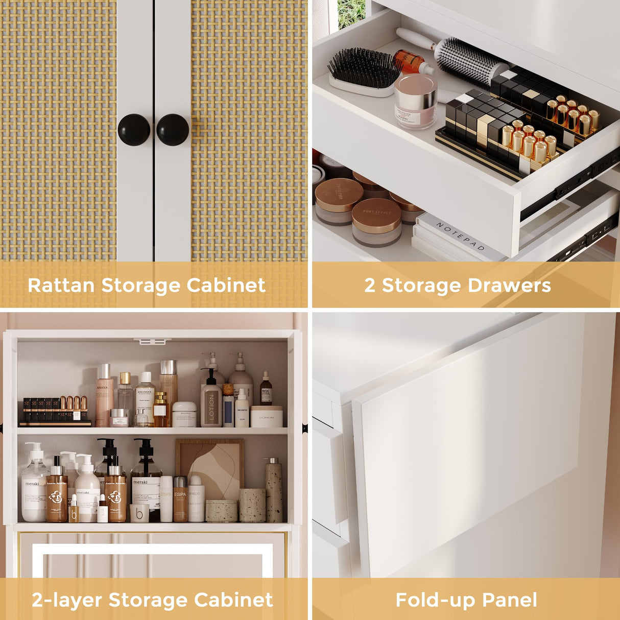 Rubikliss White Vanity with Lighted Mirror, Makeup Vanity Desk with Chair, Rattan Cabinet, 2 Drawers, 3 Lighting Modes Brightness Adjustable Small Space Saving Vanity Desk Makeup Table for Women Girls Rubikliss