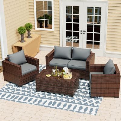 UDPATIO 4 Piece Patio Furniture Set, Wicker Patio Set with Storage Coffee Table and Dark Grey Cushions, Outdoor Patio Furniture for Porch Balcony