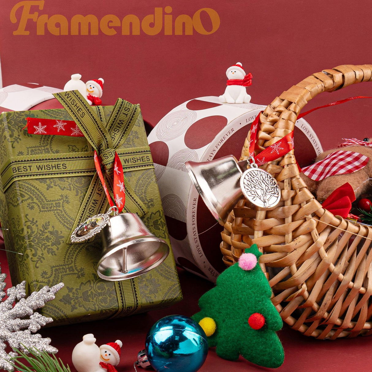 Framendino, 2 Pack Sublimation Bells Christmas with Angel Wings Ornaments for Christmas Tree Decoration 2 Sizes Framendino