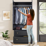 ORRD Black Freestanding Armoire Wardrobe Closet with 2 Doors and 2 Storage Drawers, Large Capacity Wardrobe Cabinet, Wooden Closet for Bedroom ORRD
