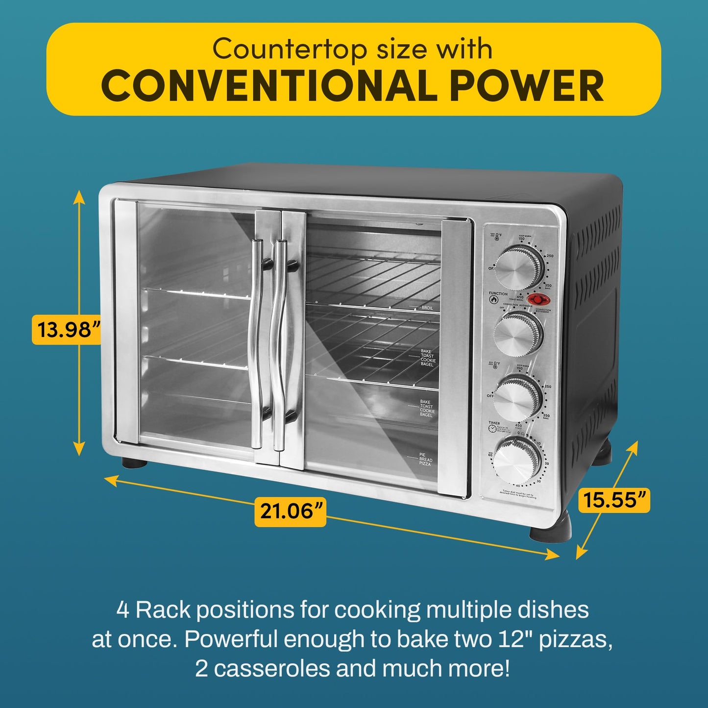 Elite Gourmet ETO-4510M French Door 47.5Qt, 18-Slice Convection Oven 4-Control Knobs, Bake Broil Toast Rotisserie Keep Warm, Includes 2 x 14" Pizza Racks, Stainless Steel