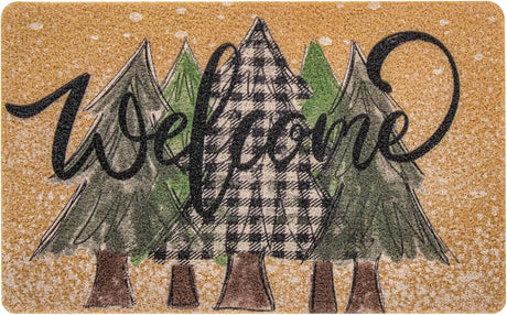 UTOWO Winter Xmas Welcome-Doormat Non-Slip Front-Door-Mats - Plaid Pine-Tree Snow Entrance Mat Porch Home Christmas Decor 17x29in UTOWO