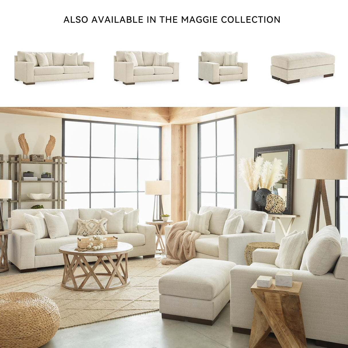 Signature Design by Ashley Maggie Contemporary Upholstered Sofa with Accent Pillows, Off-White Signature Design by Ashley