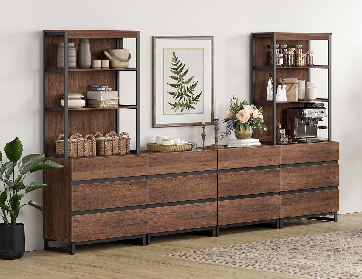 WAMPAT 3 Tier Modern Bookshelf with 12 Drawers, 72" Tall Bookcase with Black Metal Legs, Large Display Bookcase Organizers，Library Wood Bookshelves for Home Office, Living Room, Brown WAMPAT