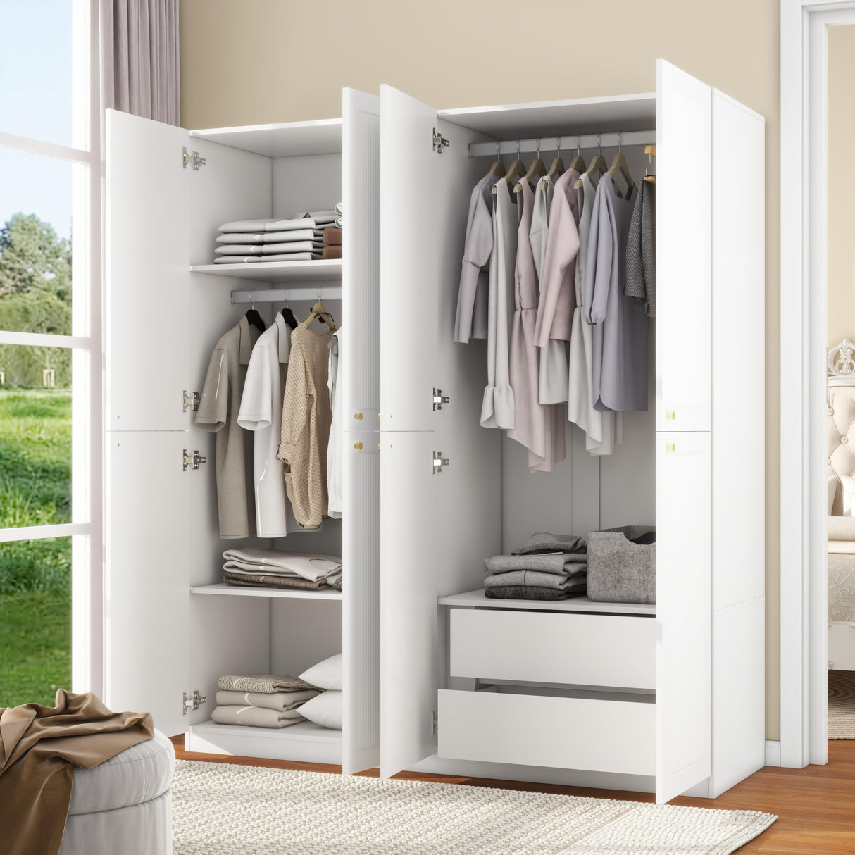 LABROSKIA White Wardrobe Closet with Grooved 4 Doors, Bedroom Armoire with Shelves, Wooden Wardrobe Closet Cabinet for Hanging Rod Clothes, Wardrobe Storage Closet (White) LABROSKIA