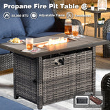 ovios Patio Furniture Sets 6 Pieces All Weather PE Wicker Rattan Outdoor Sectional Sofa Couch Conversation Set with Rectangle Fire Pit Table and Ottomans for Yard Porch, Grey Wicker Denim Blue ovios