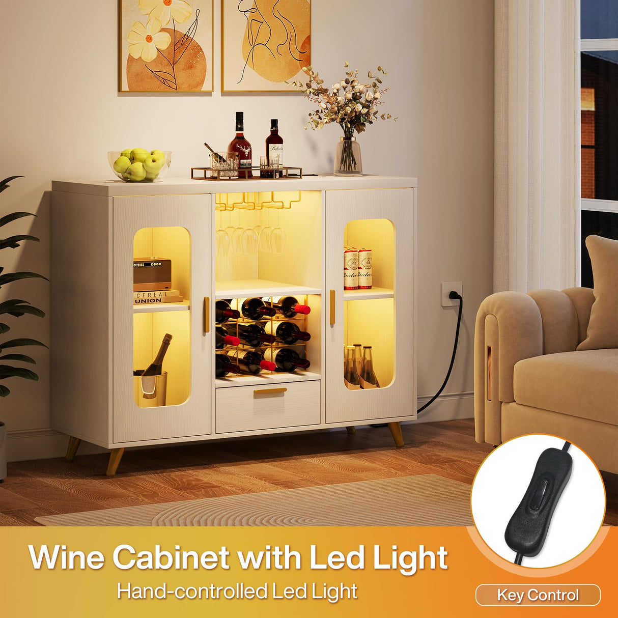 Condemo Wine Bar Cabinet with LED Light, Modern Coffee Bar Cabinet with Power Outlet, Liquor Cabinet with Wine Rack Glasses Holder, Sideboard Buffet Cabinet for Dining Room Living Room Kitchen, White Condemo