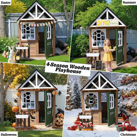 YOFE Kids Playhouse Outdoor, Wooden Play House Playset with Kitchen, Fence, Bench, Dog Door, Doorbell & Flower Pot,Fun Backyard Cottage for Ages 3-8 (Green) YOFE