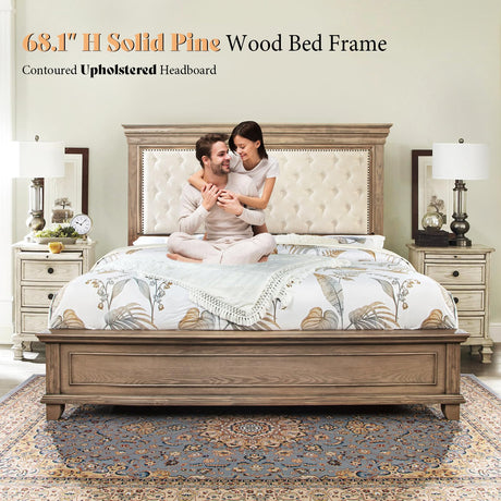 AMERLIFE 68.1" H King Size Bed Frame with Upholstered Headboard, Solid Wood Farmhouse Platform Bed, Architectural Design, No Box Spring Needed, Light Oak AMERLIFE