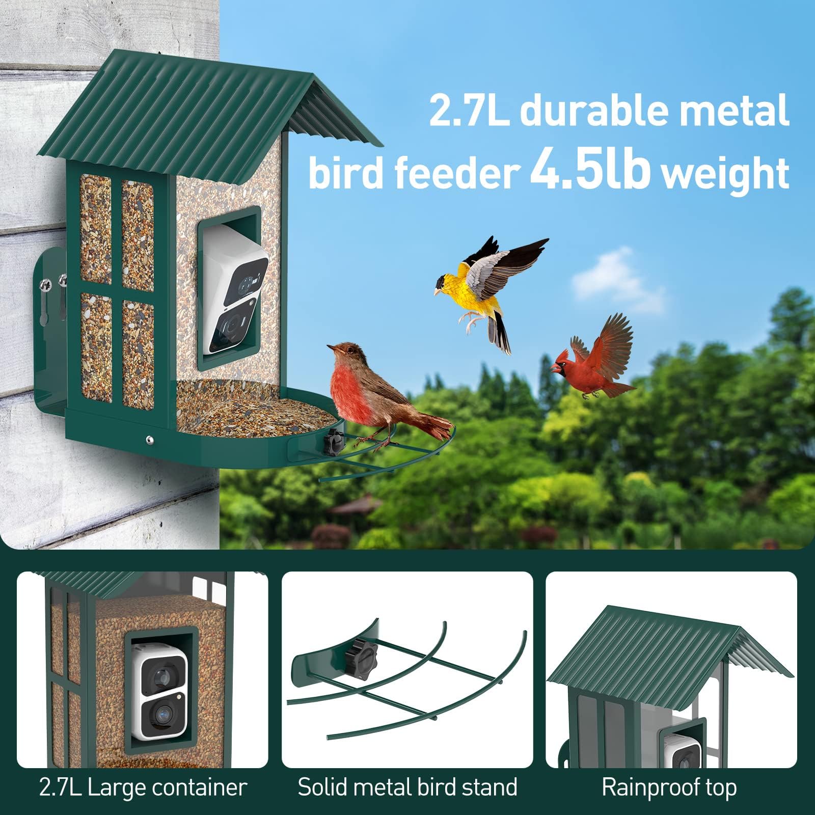 SOLIOM® BF08- Metal Bird Feeder Camera with Smart AI Identify Bird Species, Wild Bird Watching Cam, Live View, Instant Notifications with 5W Solar - WoodArtSupply