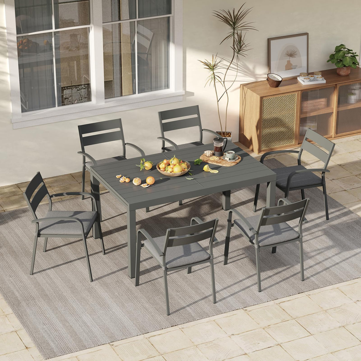 Soleil Jardin 9-Piece Outdoor Patio Dining Set, 59" - 83" Aluminum Expandable Outdoor Dining Table Set for 8, 8 Stackable Chairs with Gray Removable Cushions, Dark-Grey Soleil Jardin