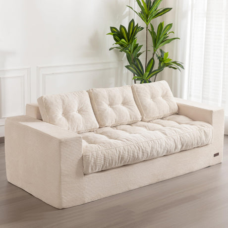 MAXYOYO 3 Seater Couch for Living Room, Boneless Couch with Tufted Cushion & Backrest, Upholstered Floor Sofa, Sofa in A Box, Beige MAXYOYO