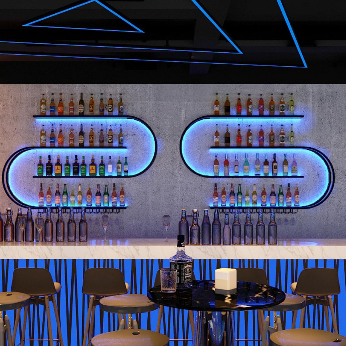 amhricho 59 Wall Mounted Wine Rack, Half Round Multi Tier Wine Rack with Wine Glass Hooks, Iron Wine Bottle Display Rack for Kitchen, Bar, Cafe(Bulbs Not Included) (Black, 59INCH) amhricho