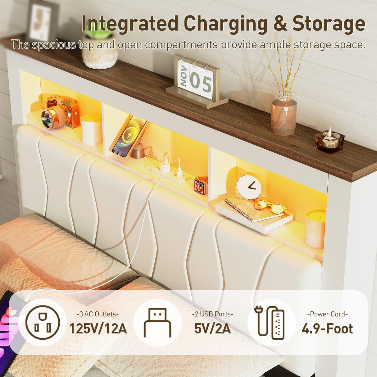 Farmhouse Full Size Bed Frame with Sliding Barn Door and Storage Bookcase, PU Leather Headboard with Charging Station and LED Light, Arc-Shaped Slats, No Box Spring Needed, No Noise, White and Walnut RALGEND