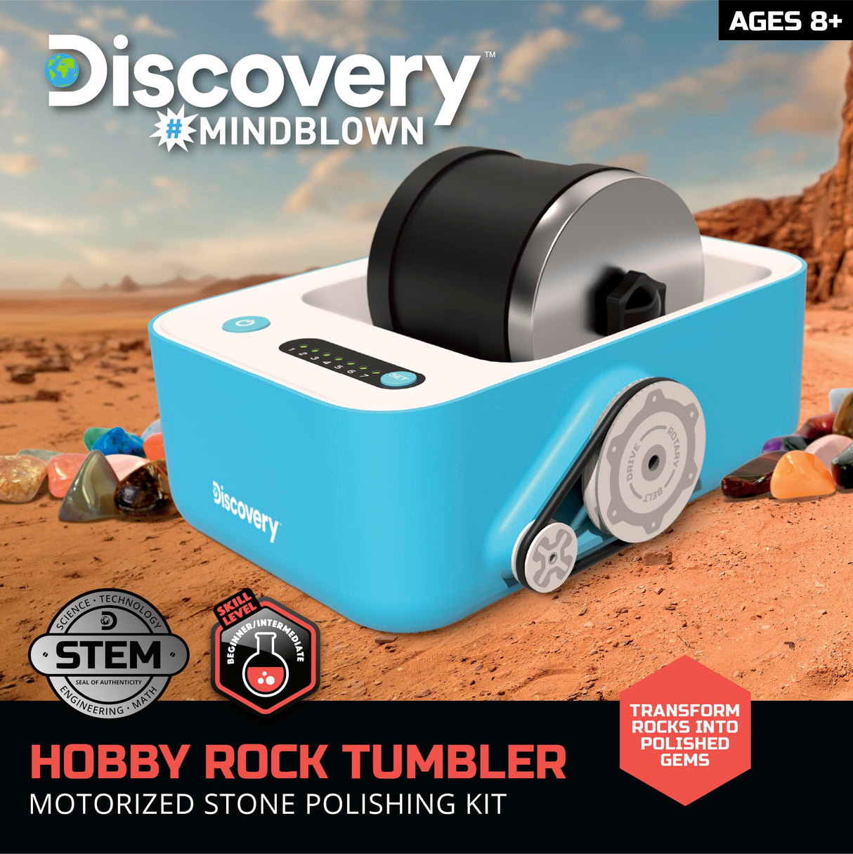 Discovery™ #MINDBLOWN Rock Tumbler Deluxe Set – Stone Polishing Kit with Rocks, 4 Grits, Gem Case| STEM Science Project Kit for Kids & Beginners| Fun Craft Kit Gift| Cool Toy for Boys & Girls Ages 8+ Discovery Kids