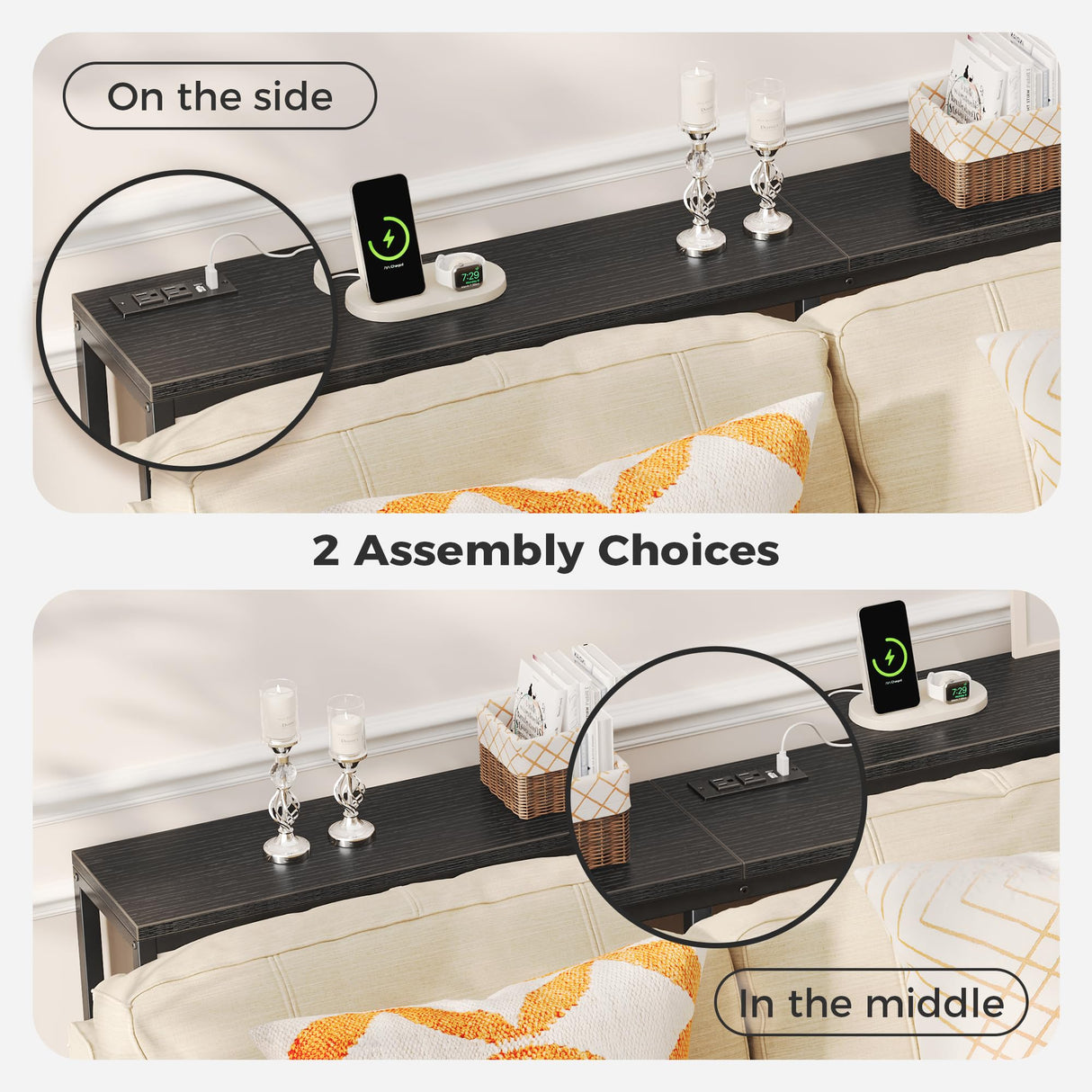 SUPERJARE 70 Inch Console Table with Outlet, Sofa Table with Charging Station, Narrow Entryway Table, Skinny Hallway Table, Behind Couch Table, for Living Room, Black SUPERJARE