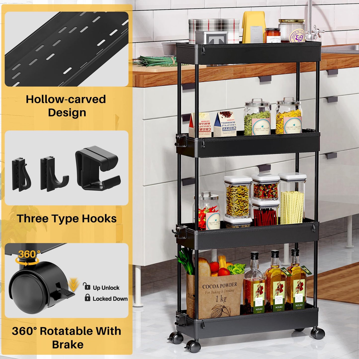 SPACEKEEPER Slim Rolling Storage Cart 4 Tier Organizer Mobile Shelving Unit Utility Cart Tower Rack for Kitchen Bathroom Laundry Narrow Places, Black - WoodArtSupply