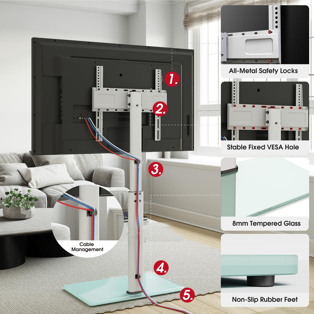 AOKCOS Swivel TV Floor Stand for 32-65 Inches TVs, 8 Level Height Adjustable Corner Small TV Stand Mount for Living Room/Bedroom, Holds up to 88 lbs,MAX VESA 400x400mm,White AOKCOS