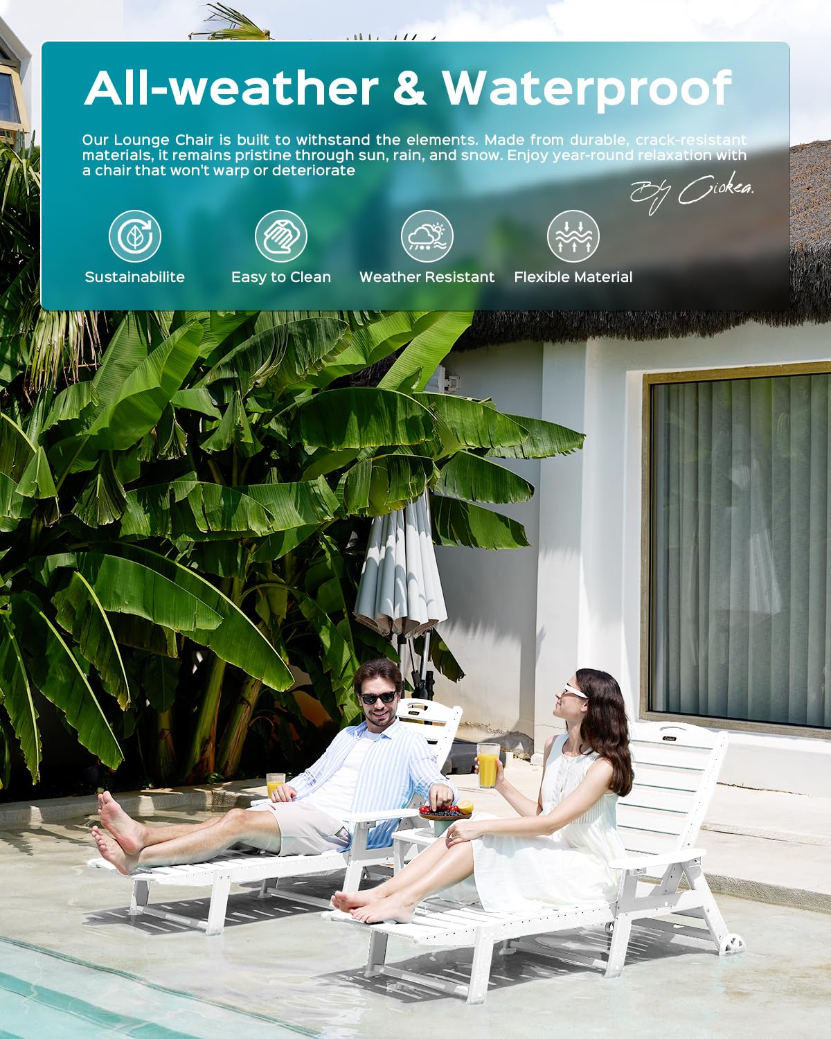 Lounge Chair Outdoor, Oversized Chaise Lounge Chair with 5 Positions, HDPE, Patio Lounge Chair with Wheels & Cup Holder for Pool, Deck, Poolside, White Ciokea