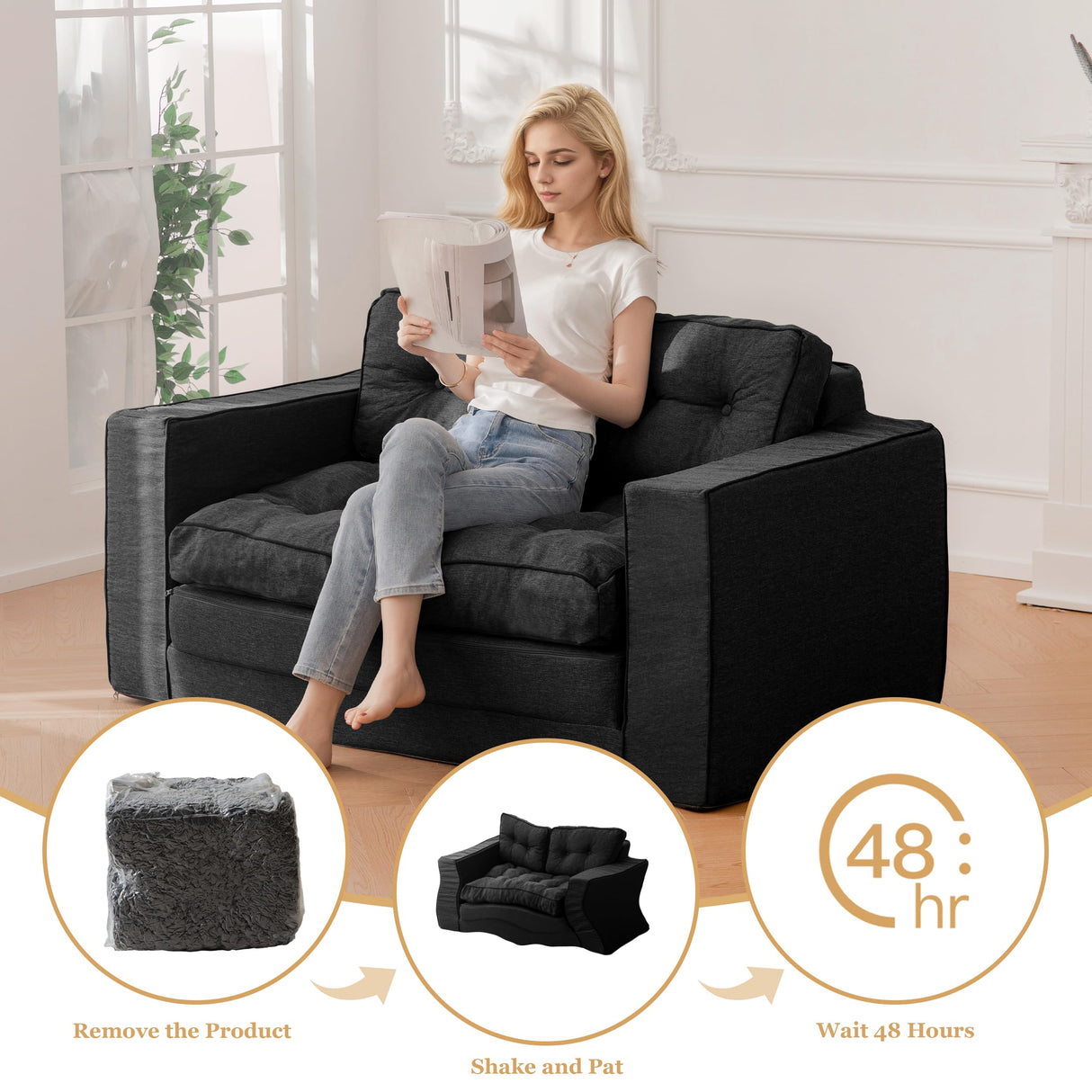 YOSHOOT Loveseat Sleeper Sofa,55" Convertible Sofa Bed Couch Futon Couches for Living Room,3-in-1 Pull Out Floor Couch with Backrest and Pillows, Black YOSHOOT