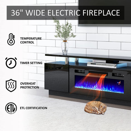 AMERLIFE 110" Large Fireplace TV Stand Set with 36" Electric Fireplace, Includes 70" 2-Tier Fireplace TV Stand, 2 x End Tables, Modern High Gloss TV Console with LED Light for Living Room, Black AMERLIFE