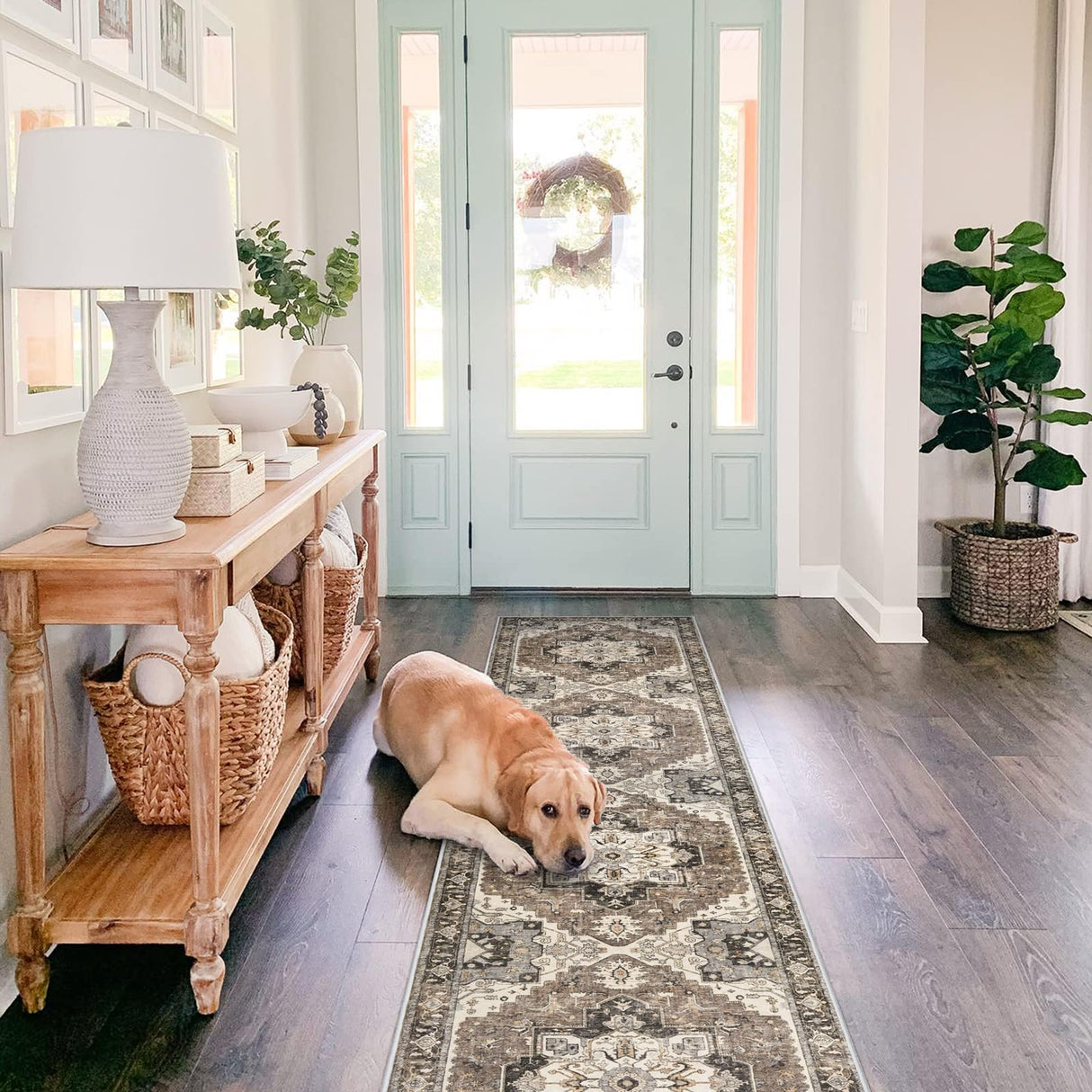 Washable Kitchen Runner Rug - 2x10 Hallway Rug Distressed Mats Non-Slip Soft Room Floor Carpet for Dining Room (Beige, 2 x 10) RUUGME