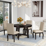 Harper & Bright Designs Round Kitchen Dining Table Set for 4, 5 Piece Farmhouse Wood Round Extendable Dining Table & 4 Upholstered Dining Chairs, Espresso (ST000074AAP-MZJ) Harper & Bright Designs