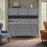 HAUTMEC 72" Rolling Tool Chest, Mobile Garage Workbench, Heavy-Duty Tool Cabinet on Wheels with 15 Drawers, 3 Upper Cabinets, Pegboard & 51 Hooks, Oak Work Surface & Power Strip – HT0428 HAUTMEC