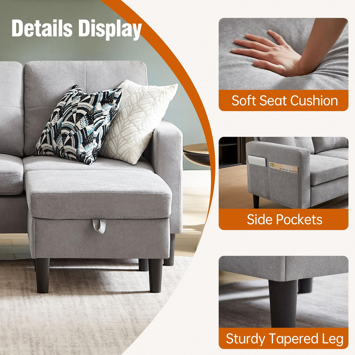 Pingliang Home Sectional Sofa Couches for Living Room, Modular 3 Seats Sectional Sofas L Shaped Couch with Storage and Reversible Chaise, Linen Fabric, 79" (Light Grey) Pingliang Home