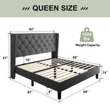 Feonase Queen Size Bed Frame with Diamond Tufted Wingback Headboard, Morden Upholstered Platform Bed, Sturdy Wooden Slats Support, Noise-Free, No Box Spring Needed, Easy Assembly, Dark Gray Feonase