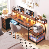 EnHomee 70.9" L Shaped Gaming Desk with Drawers Reversible L Shaped Computer Desk with Power Outlet & LED Lights Home Office Desk with Storage Shelves and Monitor Stand Corner Desk, Rustic Brown EnHomee