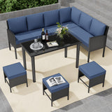 Temminkii 7 Piece Outdoor Dining Set, All-Weather Patio Furniture with Seat & Back Cushions, Conversation Sectional Sofa Set with Long Glass Coffee Table for Garden, Porch, Lawn, Blue Temminkii