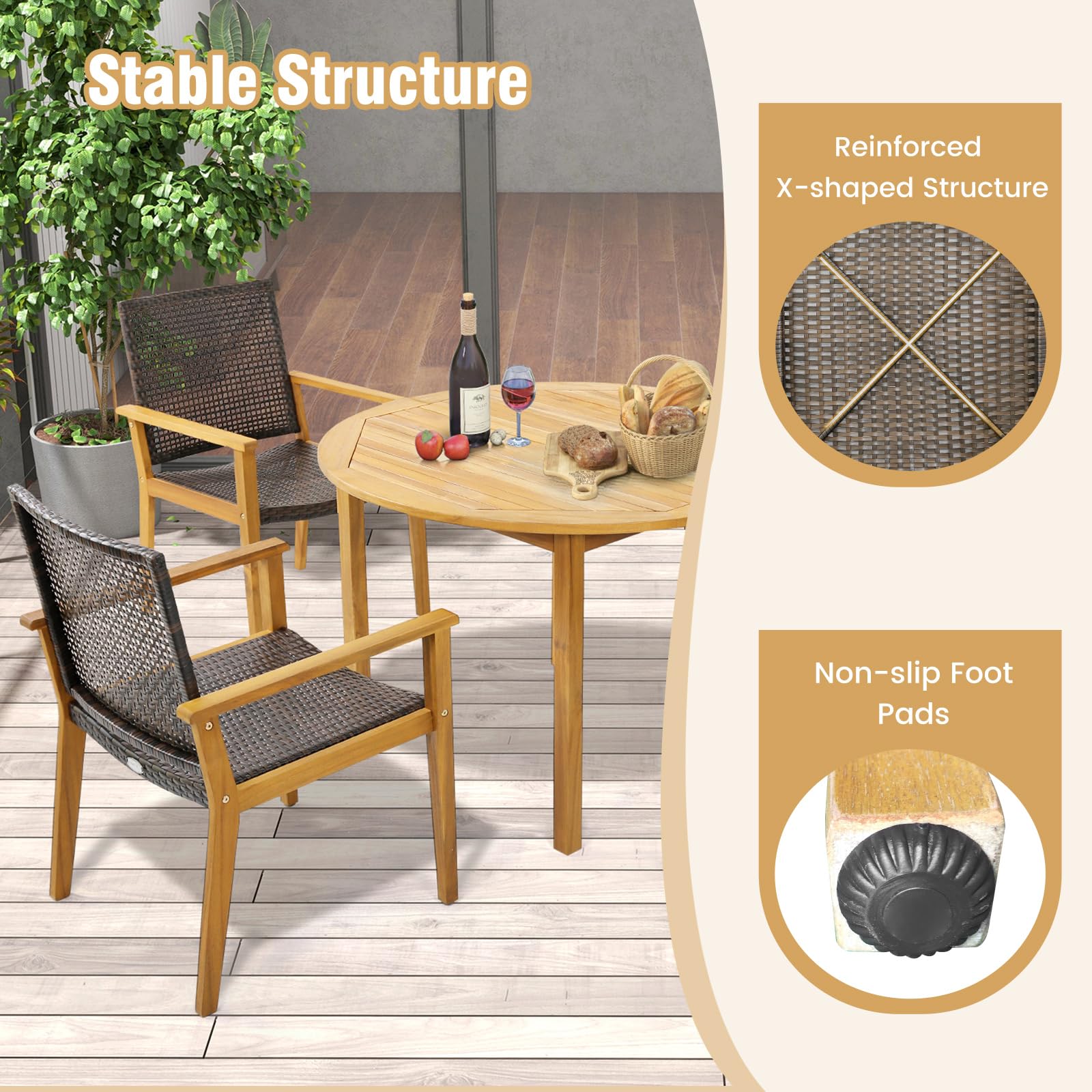 Tangkula Patio Dining Chairs Set of 4, Outdoor Acacia Wood & PE Wicker Chairs with Armrests, Outdoor Rattan Armchairs for Garden, Backyard, Poolside, Balcony (Mix Brown) - WoodArtSupply