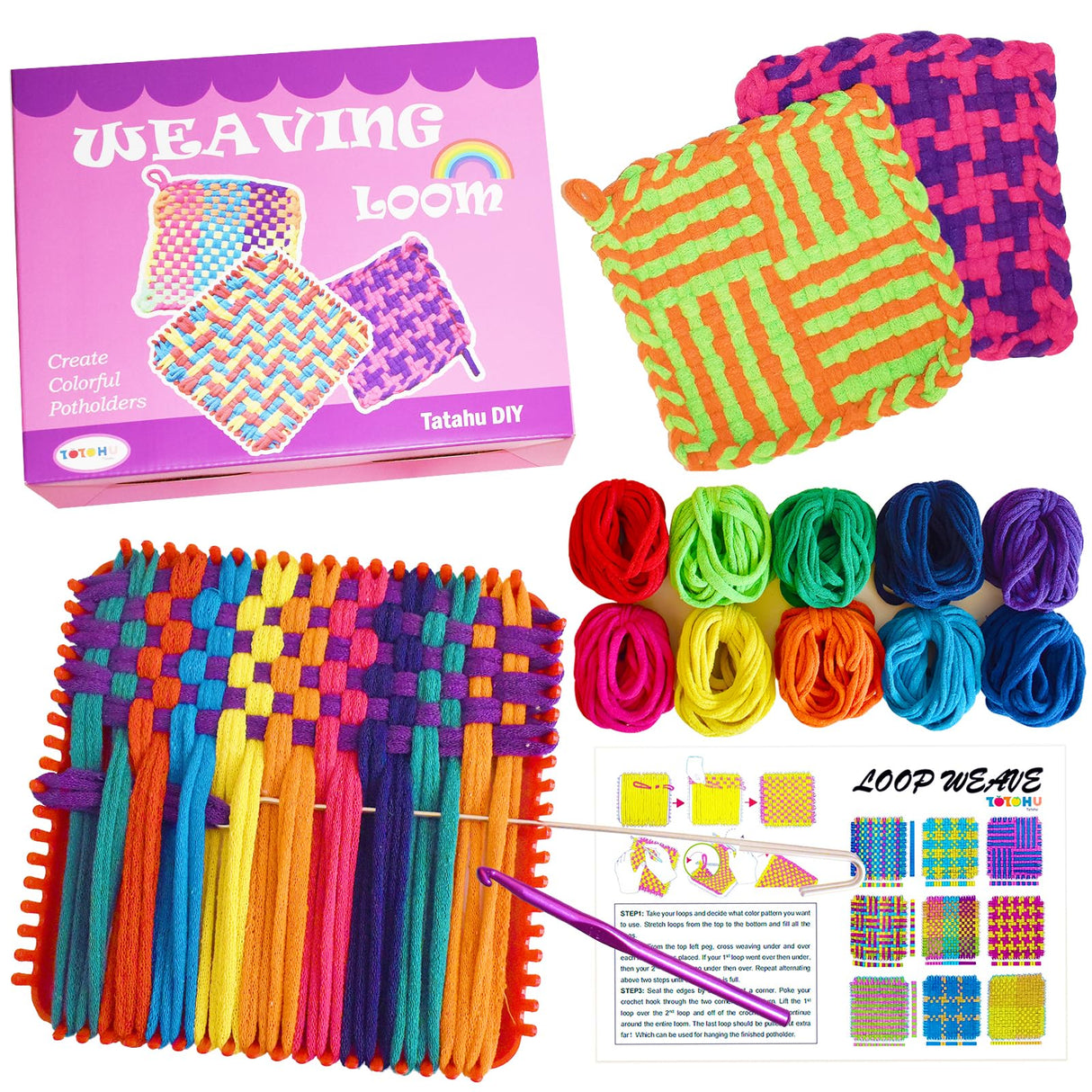 Tatahu Potholder Weaving Loom Kit - 300pcs Rainbow Knitting Refill Loops in 10 Colors, Make 8 Potholders for Beginners, DIY Arts and Crafts Tatahu
