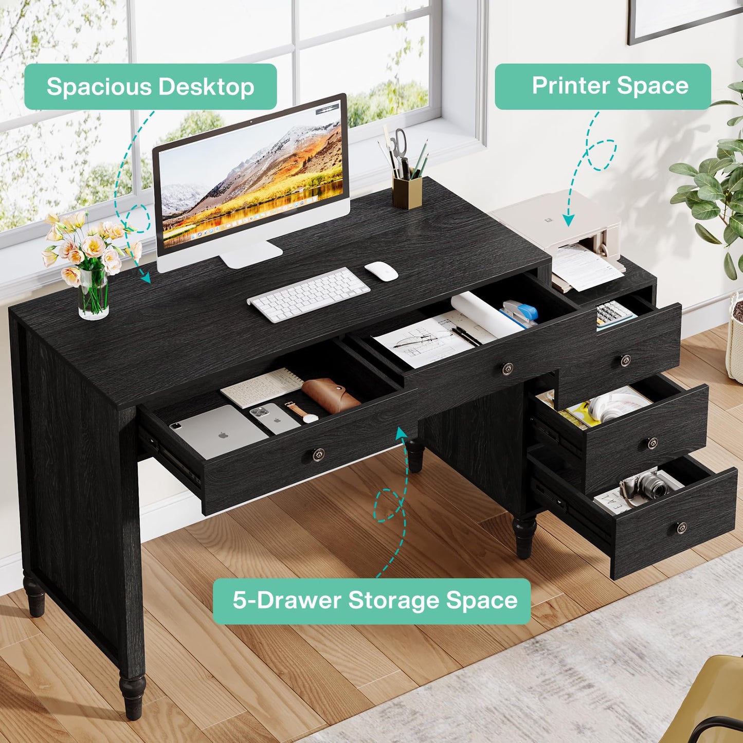 Tribesigns Computer Desk with 5 Drawers, Wood Home Office Desk with Reversible File Drawers and Printer Stand, Black Writing Desk, Study Table Workstation for Small Spaces - WoodArtSupply