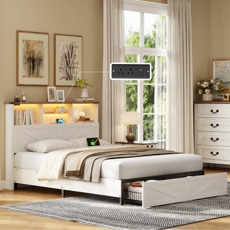 ROCHECASA White Full Size Bed Frame with Bookshelf Headboard, Charging Station, LED Lights, and Storage Drawers ROCHECASA