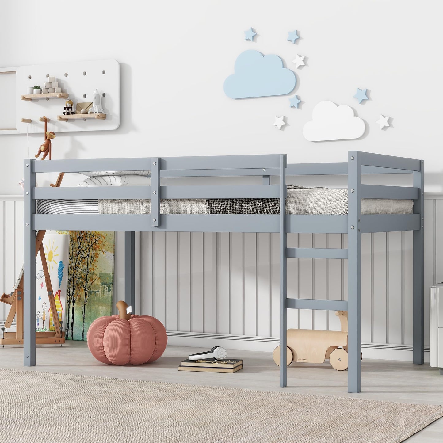 UOCFYK Twin Size Low Loft Bed for Kids, Solid Wooden Low Loft Bed Frame with Ladder and Guardrail for Small Room & Low Ceiling Bedrrom, No Box Spring Required, Slat Support, Grey