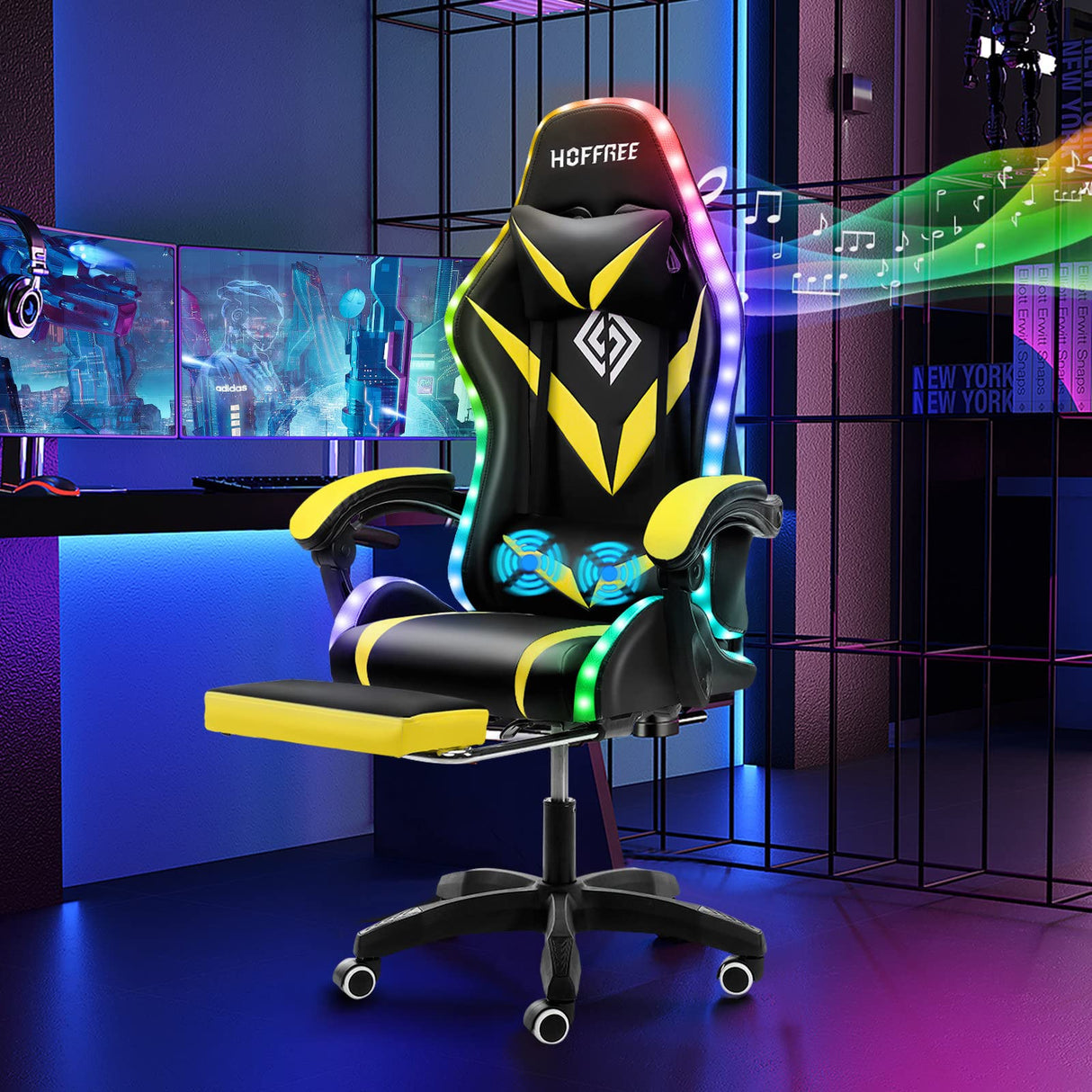 HOFFREE Gaming Chair Massage with Bluetooth Speakers and Led Lights Ergonomic Computer Gaming Chair with Footrest RGB Video Game Chair with High Back Lumbar Support Yellow and Black HOFFREE
